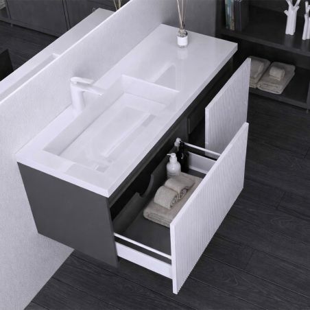 Mobilier baie din Mdf cu lavoar din compozit, inchidere Soft-Close, 120x46x49 cm, Alb Mat, Evo