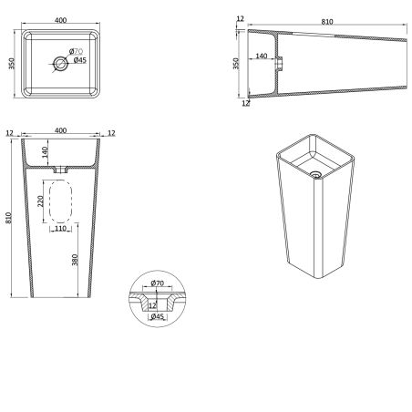 Lavoar stativ EGO 31, Alb, lucios, 40x35x81 cm, montaj podea, compozit marmura