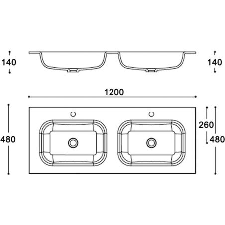 Lavoar dublu EGO 04, Alb lucios, 120 sau 144 cm, montaj  semi-incastrat, compozit marmura, cu doua gauri de baterie
