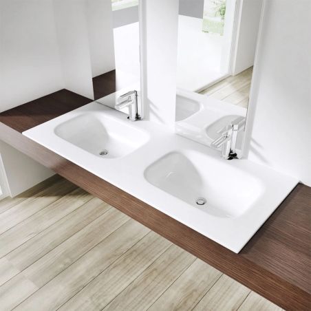 Lavoar dublu EGO 04, Alb lucios, 120 sau 144 cm, montaj  semi-incastrat, compozit marmura, cu doua gauri de baterie