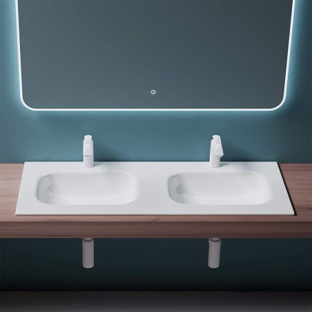 Lavoar dublu EGO 04, Alb lucios, 120 sau 144 cm, montaj  semi-incastrat, compozit marmura, cu doua gauri de baterie