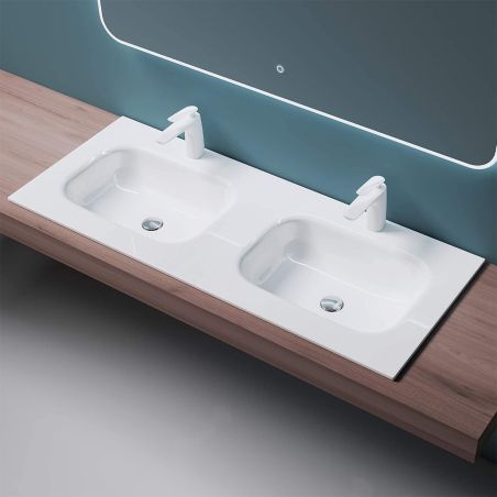 Lavoar dublu EGO 04, Alb lucios, 120 sau 144 cm, montaj  semi-incastrat, compozit marmura, cu doua gauri de baterie