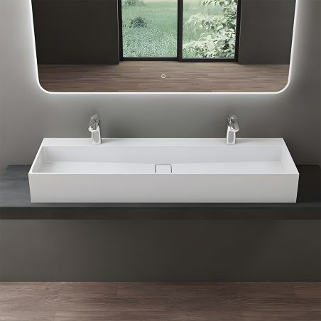 Lavoar 6028, Alb Lucios, 120x40 cm, scurgere ascunsa, cu 2 gauri de baterie, montaj pe blat, compozit mineral