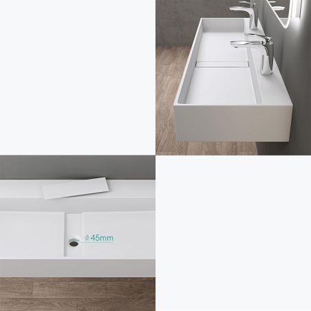 Lavoar 6028, Alb Lucios, 120x40 cm, scurgere ascunsa, cu 2 gauri de baterie, montaj pe blat, compozit mineral