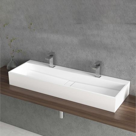 Lavoar 6028, Alb Lucios, 120x40 cm, scurgere ascunsa, cu 2 gauri de baterie, montaj pe blat, compozit mineral