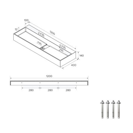 Lavoar 6028, Alb Lucios, 120x40 cm, scurgere ascunsa, cu 2 gauri de baterie, montaj pe blat, compozit mineral