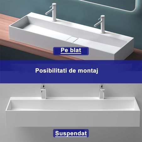 Lavoar 6028, Alb Lucios, 120x40 cm, scurgere ascunsa, cu 2 gauri de baterie, montaj pe blat, compozit mineral