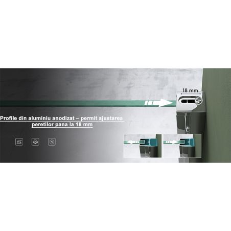 Cabina 04, perete fix si usa batanta, sticla securizata 6 mm, dimensiune 75-100x90-140 cm