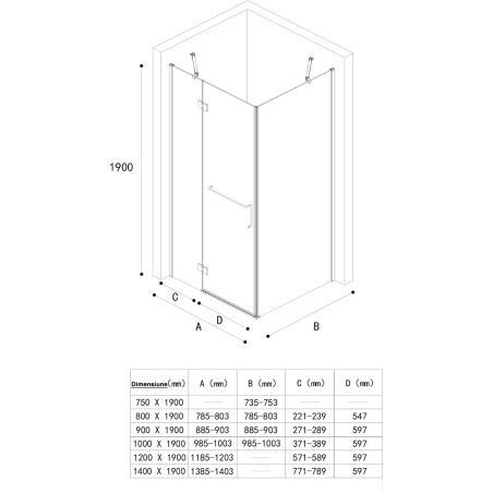Cabina 04, perete fix si usa batanta, sticla securizata 6 mm, dimensiune 75-100x90-140 cm