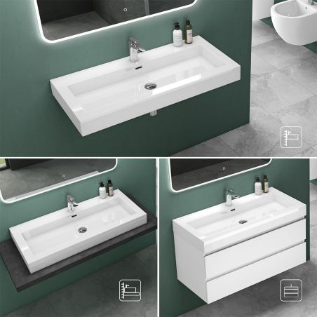 Lavoar 18, Alb, lucios, montaj suspendat, semi-incastrat sau pe blat, dimensiuni: 60, 73, sau 90 cm, compozit marmura