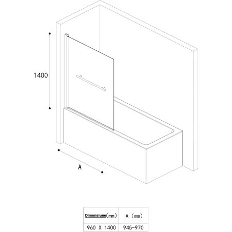 Paravan cada EGO-1121, sticla securizata 6 mm, Transparent sau Sablata partial, 94x140 cm, pivotant 180°, Nano Easy Clean
