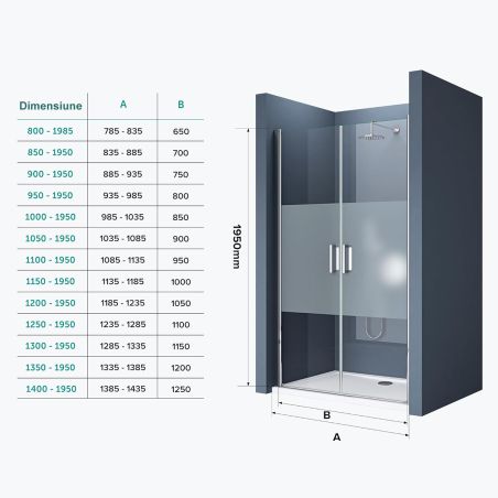 Usa de nisa EGO-24D, sticla securizata 6 mm, Transparenta, Deschidere 180°, 80-85-100-140 cm, tratament Nano Easy Clean