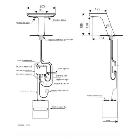 Baterie lavoar, Display Digital afisare Led, apa calda/rece, senzor pentru apa si sapun, rezervor 3 L inclus, Auriu Mat, Anais