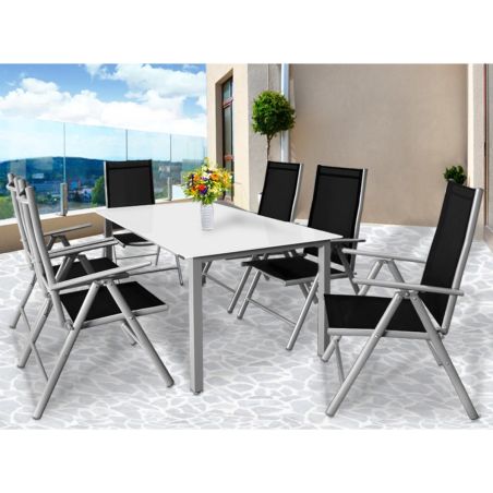 Set mobilier, terasa sau gradina, masa mare cu blat de sticla mata, 6 scaune Rabatabile aluminiu, 150 x 90 x 75  cm, Clinton