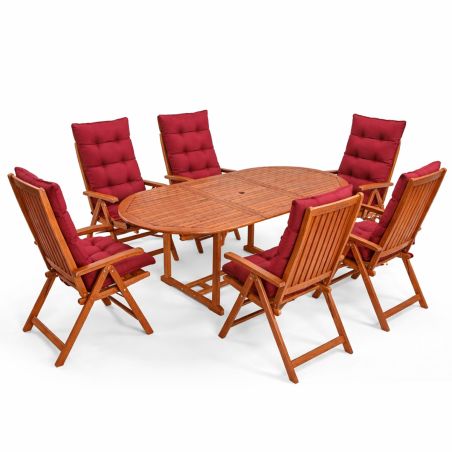 Set mobilier, 6 scaune pliabile cu perne cadou, Eucalipt certificat FSC®, suport umbrela, Maro, 200x100x74, Houston