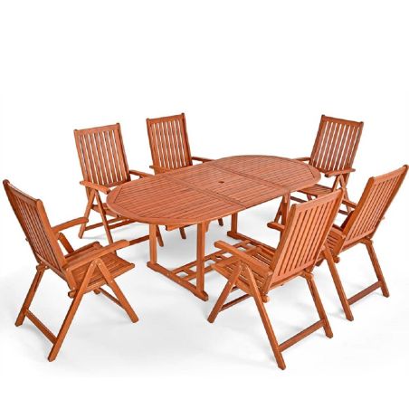 Set mobilier, 6 scaune pliabile, Eucalipt certificat FSC®, suport umbrela, Maro, 200x100x74, Houston