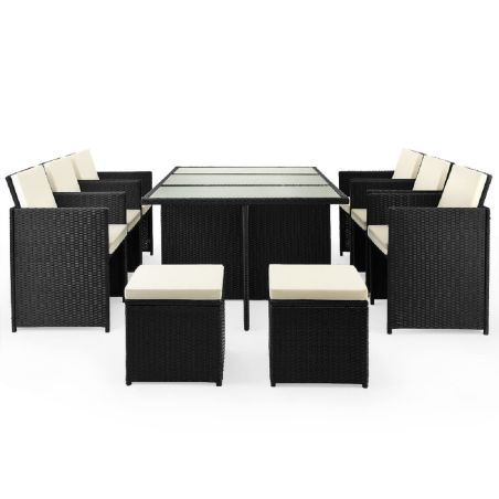 Set mobilier terasa gradina, masa mare, Cub pliabil, 6 scaune cu spatar rabatabil, 4 tabureti, 180x120x74 cm, Negru, Michigan