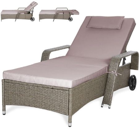 Sezlong din poliratan, roti pentru transport, cadru din otel, cu spatar reglabil in 6 trepte, perna Taupe inclusa, 190x90 cm