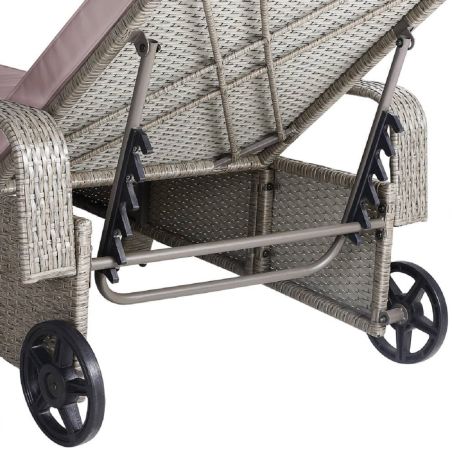 Sezlong din poliratan, roti pentru transport, cadru din otel, cu spatar reglabil in 6 trepte, perna Taupe inclusa, 190x90 cm