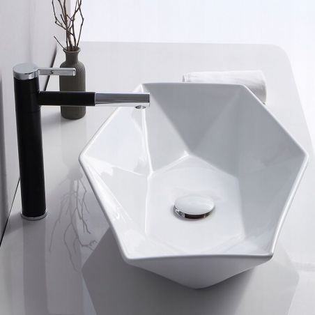 Lavoar hexagonal REA Vegas, Alb, lucios, 57x37 cm, montaj pe blat, ceramica sanitara