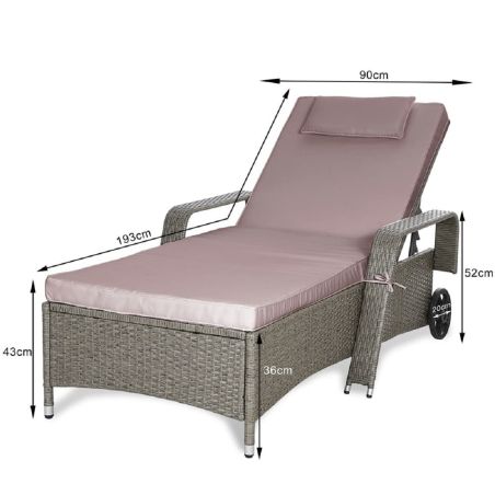 Sezlong din poliratan, roti pentru transport, cadru din otel, cu spatar reglabil in 6 trepte, perna Taupe inclusa, 190x90 cm