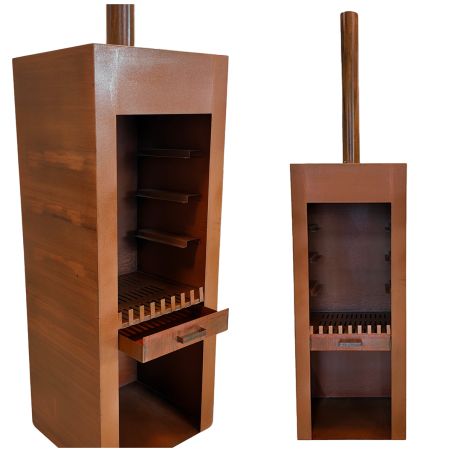 Semineu cu gratar, Soba de gradina, Ruginiu, corten de 1.5 mm, spatiu pentru lemne, 60x50x150 cm, Atlas