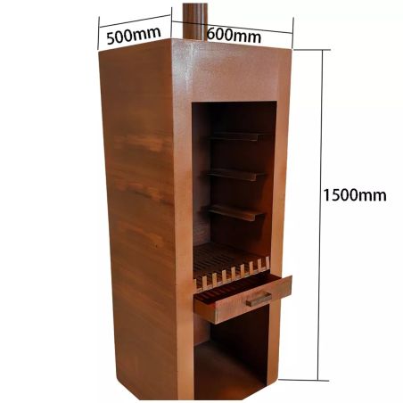 Semineu cu gratar, Soba de gradina, Ruginiu, corten de 1.5 mm, spatiu pentru lemne, 60x50x150 cm, Atlas