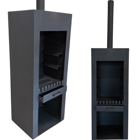 Semineu cu gratar, Negru, Soba de gradina, 60x50x150 cm, otel corten de 1.5 mm, spatiu pentru lemne, Atlas