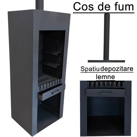 Semineu cu gratar, Negru, Soba de gradina, 60x50x150 cm, otel corten de 1.5 mm, spatiu pentru lemne, Atlas