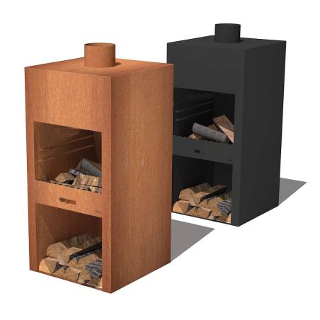 Semineu cu gratar, Negru, Soba de gradina, 60x50x150 cm, otel corten de 1.5 mm, spatiu pentru lemne, Atlas