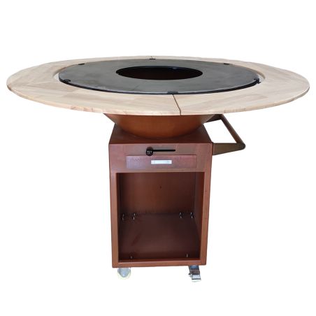 Gratar cu plita mare Aurelius, corten 2 mm, blat stejar, spatiu lemne, maner si roti pivotante, Ø101xH100 cm