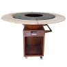 Gratar cu plita din fonta Aurelius, corten 2 mm, blat stejar, spatiu lemne, maner si roti pivotante, Ø100xH100 cm