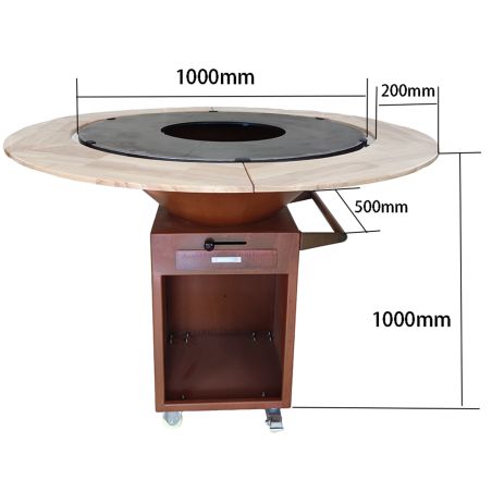 Gratar cu plita din fonta Aurelius, corten 2 mm, blat stejar, spatiu lemne, maner si roti pivotante, Ø100xH100 cm