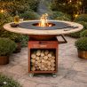 Gratar cu plita din fonta Aurelius, corten 2 mm, blat stejar, spatiu lemne, maner si roti pivotante, Ø100xH100 cm