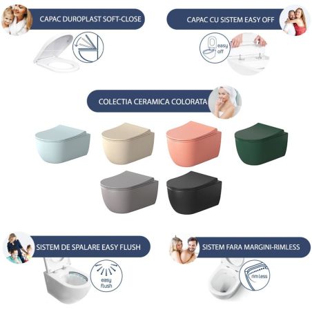 Vas WC Verde, Power Colour, semi-mat, 49x36 cm, montaj suspendat, capac duroplast soft-close easy off, Molis