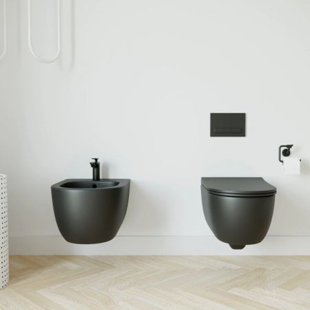 Set vas wc si bideu, Negru, semi-mat, Power Color, montaj suspendat, 49x36 cm, colectia Molis