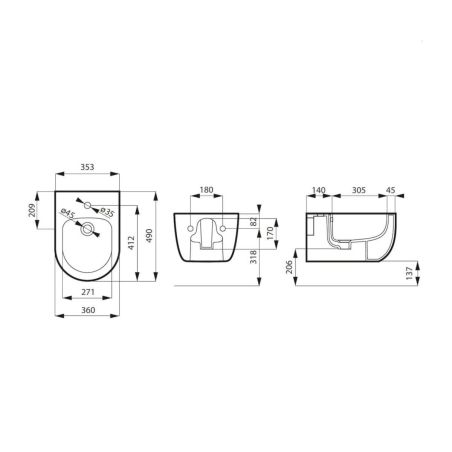 Set vas wc si bideu, Negru, semi-mat, Power Color, montaj suspendat, 49x36 cm, colectia Molis