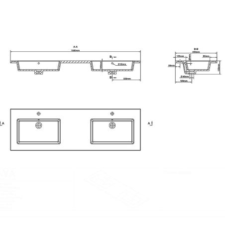 Lavoar dublu Paola, compozit mineral, montaj semi-incastrat, cu 2 gauri de baterie, 150x46 cm