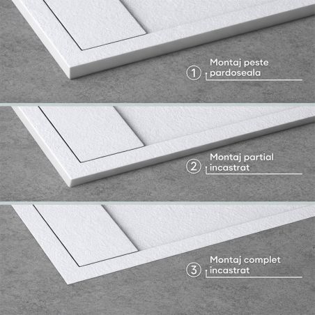 Cadita dus, compozit de marmura, scurgere ascunsa, inaltime 3 cm, Alb, dimensiune: 80-90x120-140-160 cm, GEO10
