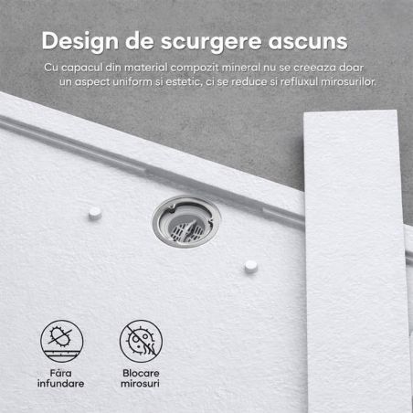 Cadita dus, compozit de marmura, scurgere ascunsa, inaltime 3 cm, Alb, dimensiune: 80-90x120-140-160 cm, GEO10