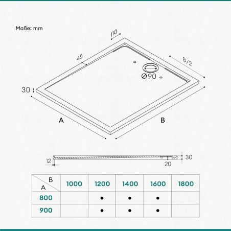 Cadita dus, compozit de marmura, scurgere ascunsa, inaltime 3 cm, Antracit Mat, dimensiune: 80-90x120 cm, GEO10