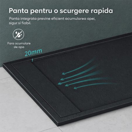 Cadita dus, compozit de marmura, scurgere ascunsa, inaltime 3 cm, Antracit Mat, dimensiune: 80-90x120 cm, GEO10