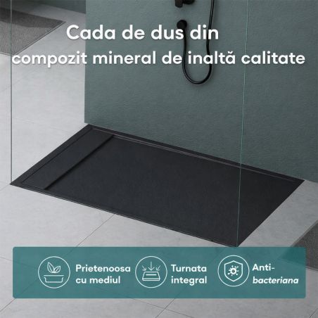 Cadita dus, compozit de marmura, scurgere ascunsa, inaltime 3 cm, Antracit Mat, dimensiune: 80-90x120 cm, GEO10