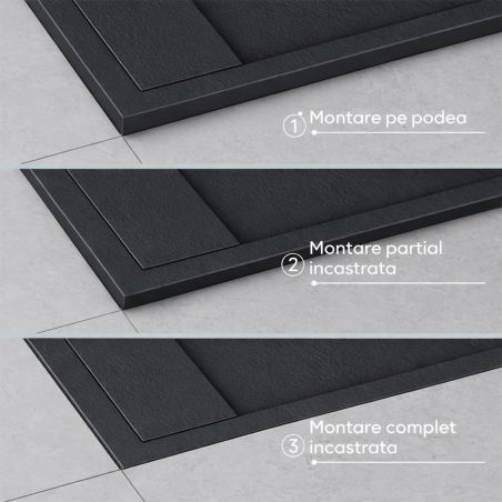 Cadita dus, compozit de marmura, scurgere ascunsa, inaltime 3 cm, Antracit Mat, dimensiune: 80-90x120 cm, GEO10