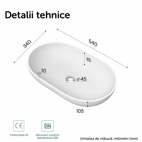 Lavoar EGO 808, Alb, mat, 54x34 cm ,montaj pe blat, compozit marmura