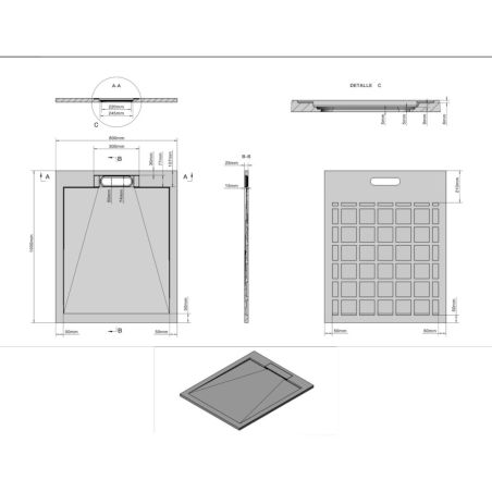 Cadita de dus, Resigilat, compozit, 100 x 80 cm, inaltime 2.5 cm, scurgere ascunsa, decupabila, Gri ciment, Antonio