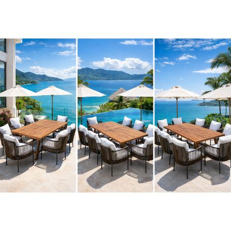 Set mobilier, 8 scaune, terasa, gradina, masa, cadru aluminiu poliratan, lemn masiv de Tec, Tess