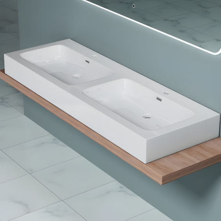 Lavoar dublu EGO 830, Alb, lucios, 140x48 cm, montaj pe blat sau suspendat, compozit marmura, cu doua gauri de baterie