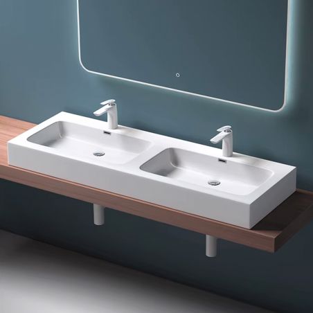 Lavoar dublu EGO 830, Alb, mat, 140x48 cm, montaj pe blat sau suspendat, compozit marmura, cu doua gauri de baterie