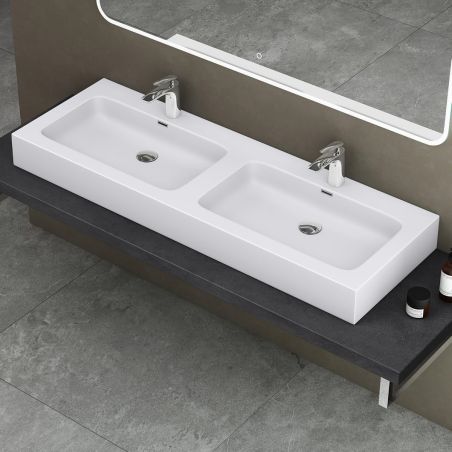 Lavoar dublu EGO 830, Alb, mat, 140x48 cm, montaj pe blat sau suspendat, compozit marmura, cu doua gauri de baterie